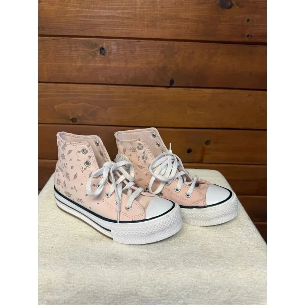 Converse high-top sneakers with a small floral/ leaf pattern Sz 2.5 youth Blush